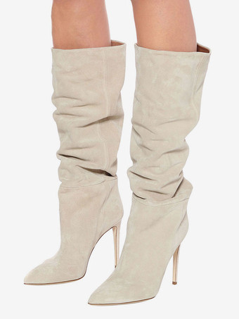 レディース マイクロスエード ハイヒールブーツ ポインテッドトゥ 膝丈ブーツ