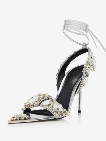 argent Sandales À Talons Hauts Lacet À Cheville Strass Chaussures De Bal Femmes De Soirée