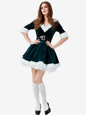 サンタコスプレ グリーン 若い女性用 クリスマス コスチューム ポリエステル コスチューム ポリエステル クリスマス ドレス サッシュベルト サッシュ ホリデーコスチューム