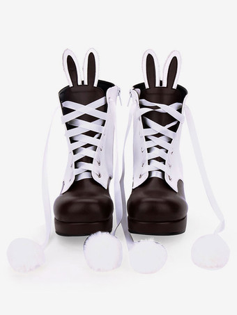 古典的なロリータブーツバニー耳ポンポン2トーンチャンキーハイヒールロリータ靴