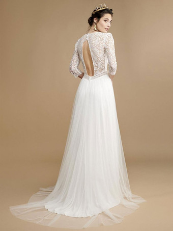 アイボリー ボヘミアン ウェディングドレス レース Aライン トレーン バックレス ハーフスリーブ Vネック ブライダルドレス 自由なカスタマイズ