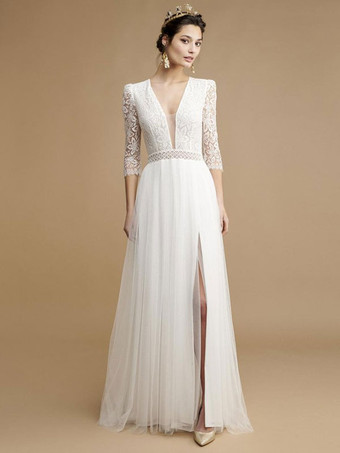 ホワイトアイボリー ボヘミアン ウェディングドレス レース Aライン トレーン バックレス ハーフスリーブ Vネック ブライダルドレス 自由なカスタマイズ