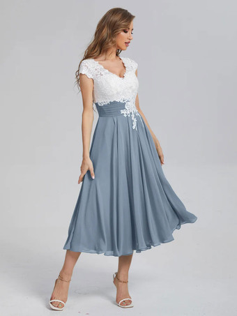 Brautmutterkleider A-Linie- Abendkleider für Hochzeit Graublau  Chiffon V-Ausschnitt Hochzeit wadenlang Kurzarm