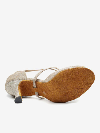 女性用 社交ダンスラテンシューズ スパンコール ピープトゥ ゴブレット ライトゴール ロマンチック サルサダンスシューズ