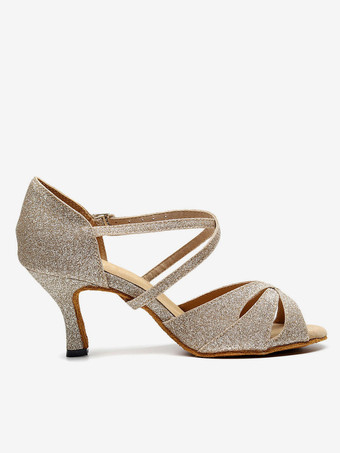 女性用 社交ダンスラテンシューズ スパンコール ピープトゥ ゴブレット ライトゴール ロマンチック サルサダンスシューズ