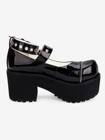 ゴシックロリータパンプスブラックプラットフォームチャンキーヒールPUレザーロリータシューズ
