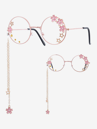 Gafas Sweet Lolita Cadenas rosas Flores Estrellas Gafas de sol con montura redonda