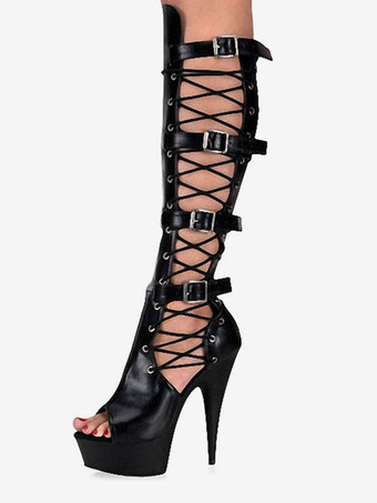 セクシーなハイヒールブーツラウンドトゥジッパーバックル幾何学的なスティレットヒールレイブクラブサイハイブーツブラックオーバーザニーブーツ ポールダンスシューズ