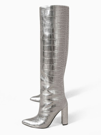 シルバー レディース クロコ プリント チャンキーヒール ニーハイ ブーツ