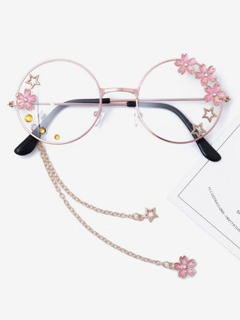 甘いロリータグラスピンクチェーンフラワースターラウンドフレームサングラス