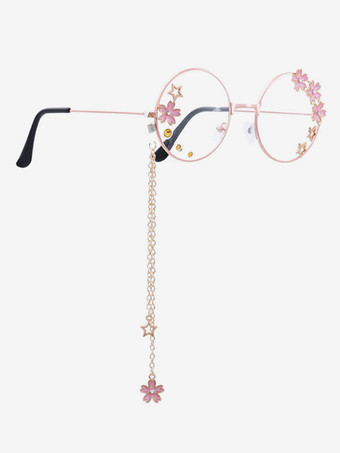 甘いロリータグラスピンクチェーンフラワースターラウンドフレームサングラス