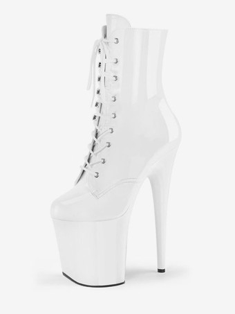 ホワイト セクシーなハイヒールブーツレッドラウンドトゥジッパー幾何学的なスティレットヒールレイブクラブサイハイブーツ ポールダンスシューズ