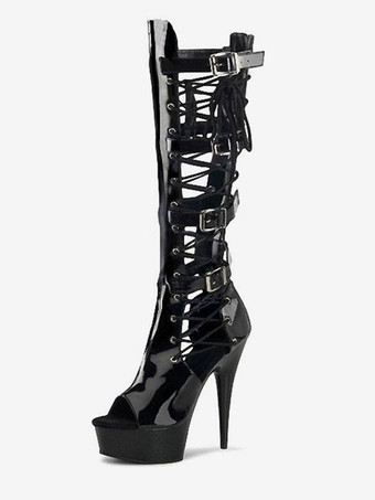 セクシーなハイヒールブーツラウンドトゥジッパーバックル幾何学的なスティレットヒールレイブクラブサイハイブーツブラックオーバーザニーブーツ ポールダンスシューズ