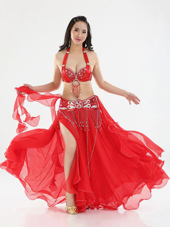 レッド ダンス 衣装 ホワイト ベリーダンス衣装 女性用 社交ダンス衣装 ロングスカート カマーバンド ブラ シフォン