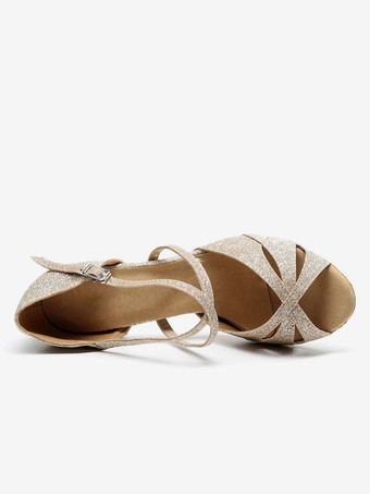 女性用 社交ダンスラテンシューズ スパンコール ピープトゥ ゴブレット ライトゴール ロマンチック サルサダンスシューズ