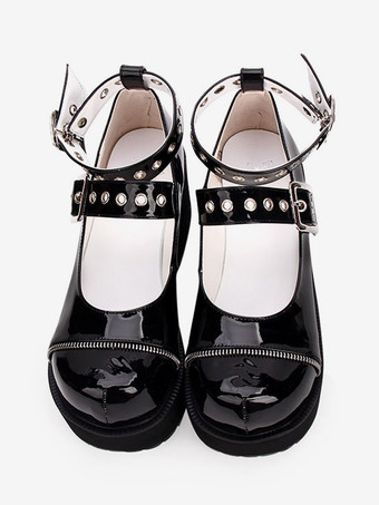 ゴシックロリータパンプスブラックプラットフォームチャンキーヒールPUレザーロリータシューズ