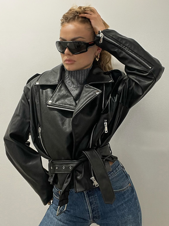 Women Jacket Turndown Collar Zipper PU Leather Outerwear