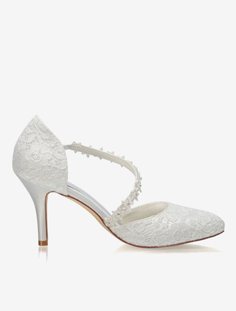 アイボリーウェディングシューズ　2025　レース　ポインテッドトゥ　ストラップ　ハイヒールブライダルシューズ