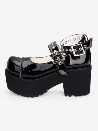 ゴシックロリータパンプスブラックプラットフォームチャンキーヒールPUレザーロリータシューズ