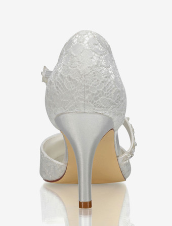 アイボリーウェディングシューズ　2025　レース　ポインテッドトゥ　ストラップ　ハイヒールブライダルシューズ