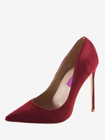 Burgundy High Heels Pointed Toe Terry Stiletto Slip On Pumps For Women