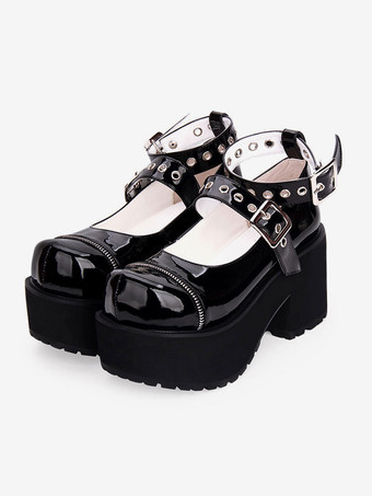 Gothic Lolita Pumps Schwarze Plateau Lolita-Schuhe aus PU-Leder mit dickem Absatz