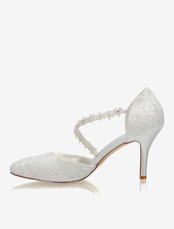 アイボリーウェディングシューズ　2025　レース　ポインテッドトゥ　ストラップ　ハイヒールブライダルシューズ