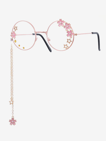 甘いロリータグラスピンクチェーンフラワースターラウンドフレームサングラス