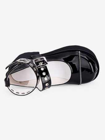 ゴシックロリータパンプスブラックプラットフォームチャンキーヒールPUレザーロリータシューズ