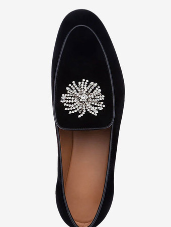 ブラック スエード ローファー メンズ ラウンドトゥ グラマラス ラインストーン プロム パーティー ウェディング シューズ