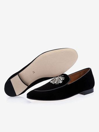 ブラック スエード ローファー メンズ ラウンドトゥ グラマラス ラインストーン プロム パーティー ウェディング シューズ