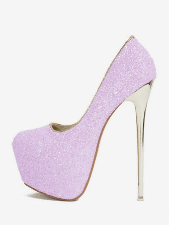 ライラックカラー女性ハイヒールスチレットヒールパンプススパンコールクロスライトピンクスカイハイヒール