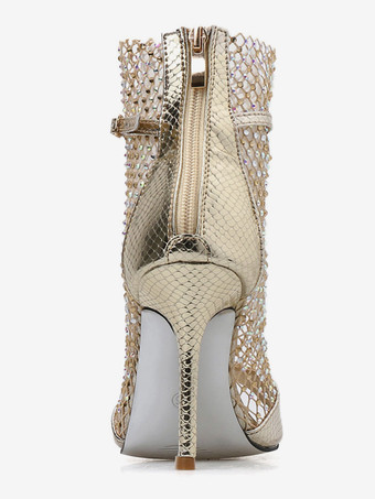 女性サンダル ブーティ ゴールド ピープトウ ラインストーン ハイヒール サンダル シューズ