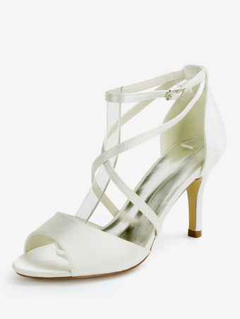 Sapatos de casamento de cetim marfim com bico aberto e salto agulha tornozelo e salto alto sapatos de noiva