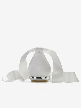 ウェディングシューズサテンポインテッドトゥレースアップフラットブライダルシューズブライドメイドシューズ アイボリー