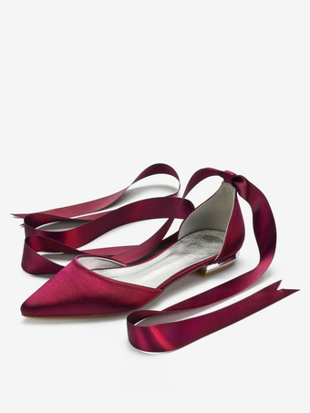 ワインレッド ウェディングシューズサテンポインテッドトゥレースアップフラットブライダルシューズブライドメイドシューズ アイボリー