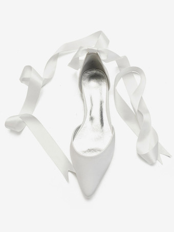 ウェディングシューズサテンポインテッドトゥレースアップフラットブライダルシューズブライドメイドシューズ アイボリー