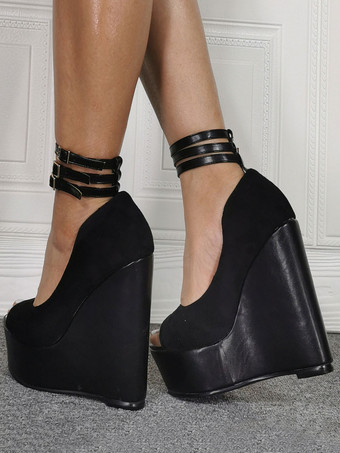 プラスサイズのセクシーなハイヒール、ブラックのピープトゥ ウェッジヒール、セクシーな靴、プラスサイズの靴