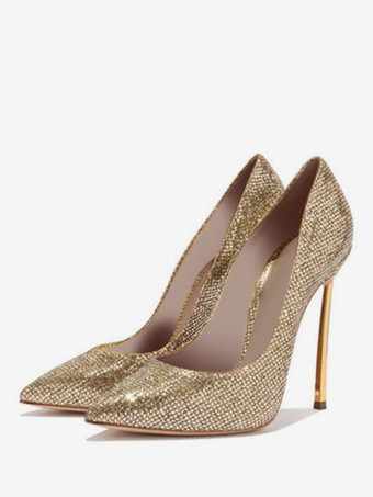 Zapatos de fiesta de tacón alto dorado para mujer Zapatos de noche con punta puntiaguda Bombas básicas