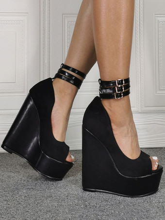 プラスサイズのセクシーなハイヒール、ブラックのピープトゥ ウェッジヒール、セクシーな靴、プラスサイズの靴