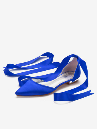 ウェディングシューズサテンポインテッドトゥレースアップフラットブライダルシューズブライドメイドシューズ アイボリー