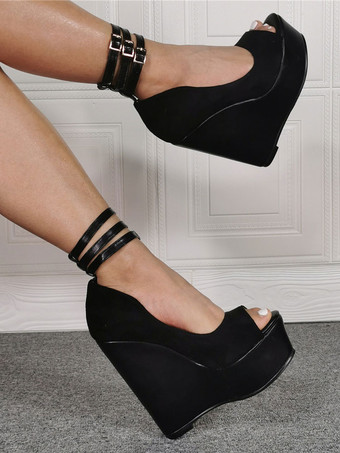 プラスサイズのセクシーなハイヒール、ブラックのピープトゥ ウェッジヒール、セクシーな靴、プラスサイズの靴