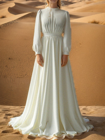 Ivory Simple Wedding Dress With Train Jewel Neck Long Sleeves Backless A-Line Bridal Gowns Free Customization