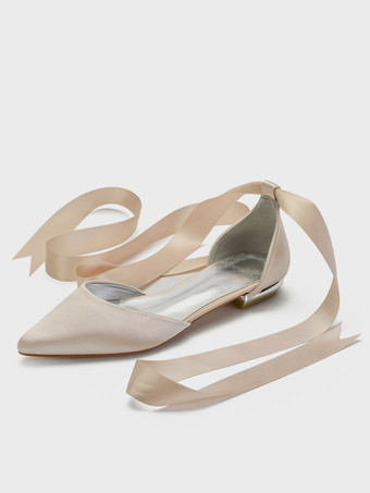 シャンパンカラーウェディングシューズサテンポインテッドトゥレースアップフラットブライダルシューズブライドメイドシューズ アイボリー