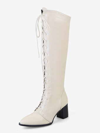 アイボリー ニーハイブーツ レディース 無地 レースアップ ポインテッドトゥ チャンキーヒールブーツ