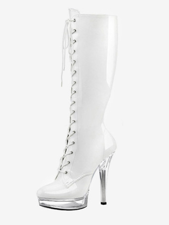 ホワイト 女性のセクシーなハイヒールブーツラウンドトゥジッパーメタルの詳細幾何学的なスティレットヒールレイブクラブサイハイブーツブラックオーバーザニーブーツ ポールダンスシューズ