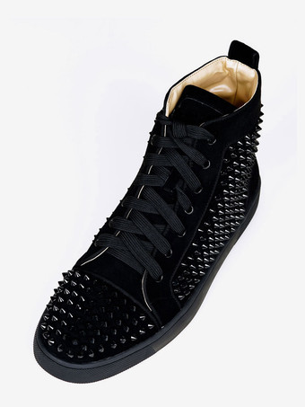 メンズ ブラック ハイトップ スニーカー ラウンドトゥ リベット シューズ