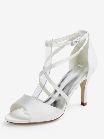 ホワイト ウェディングシューズサテンアイボリーオープントゥスティレットヒールアンクルストラップヒールブライダルシューズ