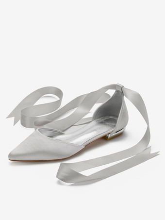 シルバー ウェディングシューズサテンポインテッドトゥレースアップフラットブライダルシューズブライドメイドシューズ アイボリー