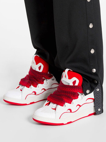 ユニセックス ブラック ハンドメイド カーブ スニーカー ラウンドトゥ レースアップ シューズ